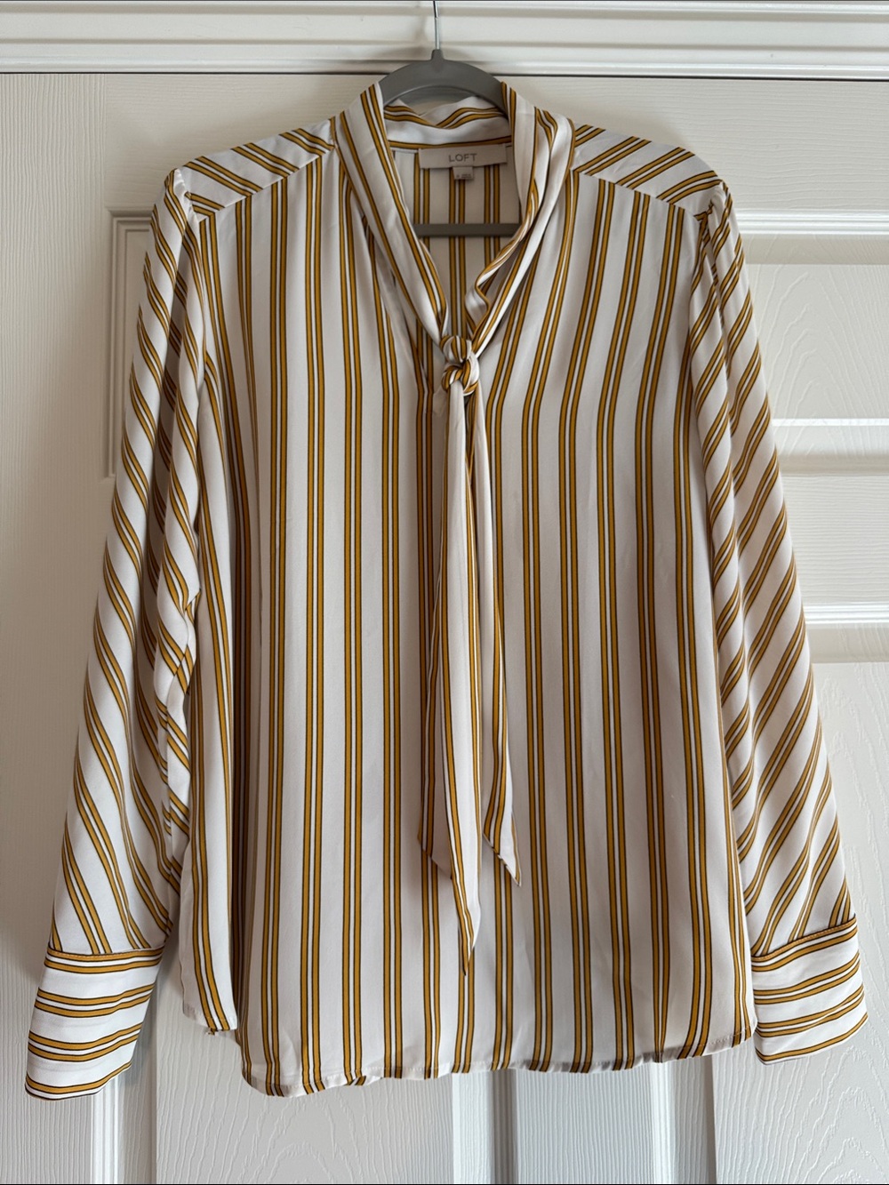 LOFT White and Mustard Striped Tie-Neck Blouse